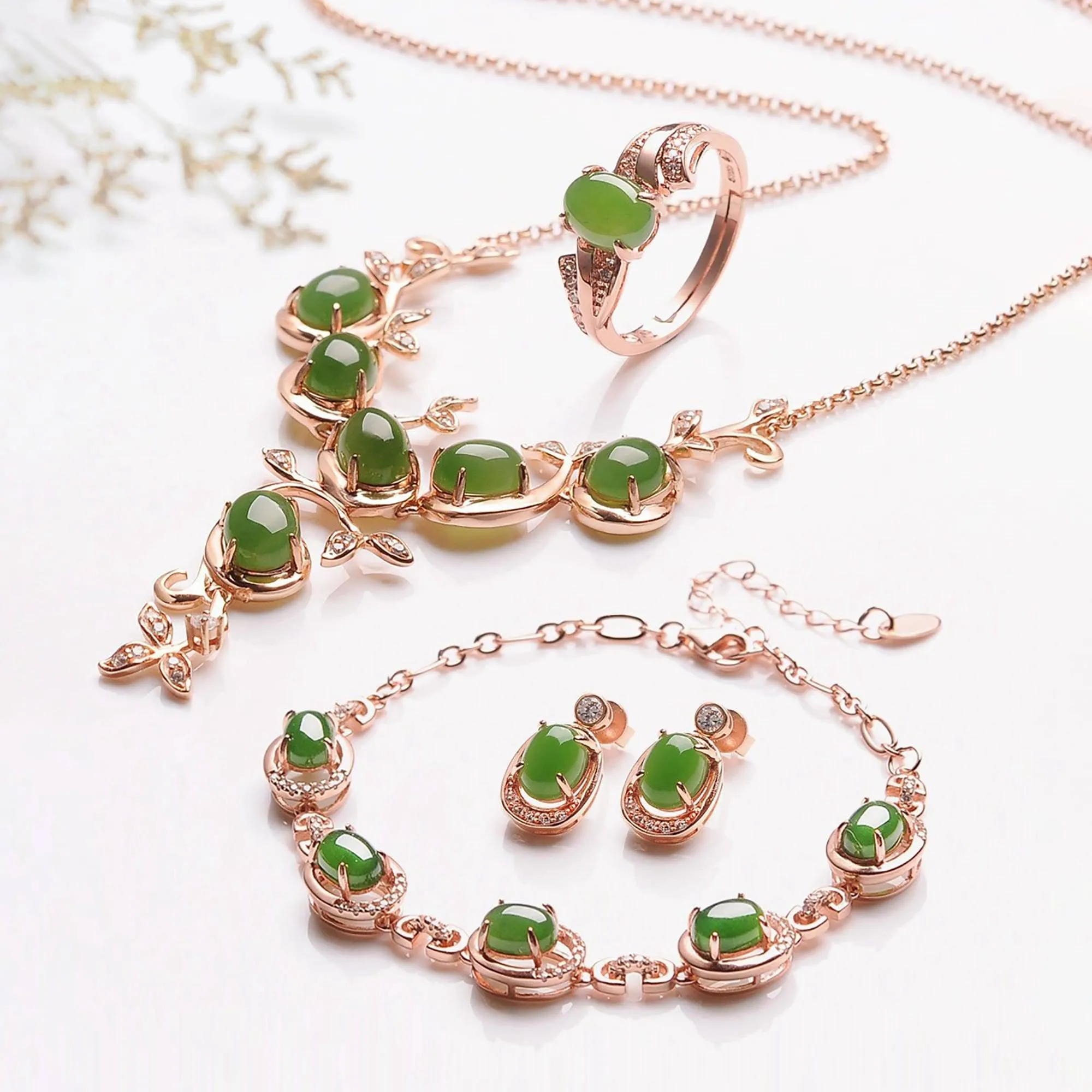 "Prosperity" Genuine Nephrite Green Jade Sterling Silver Matching Set