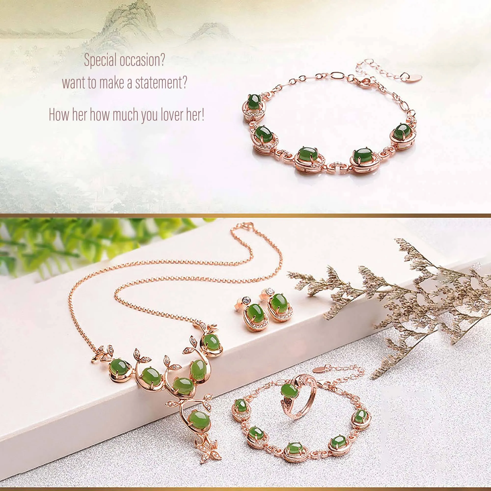 "Prosperity" Genuine Nephrite Green Jade Sterling Silver Matching Set
