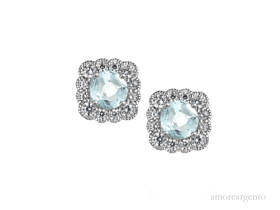 Silver Loveable Me Aquamarine Halo Stud Earrings