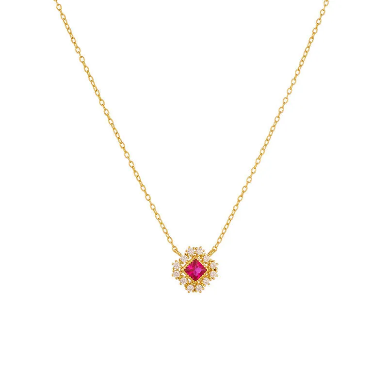 Soleste Halo Princess Cut Red Zircon Pendant Silver Necklace